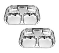 Korean Stainless Steel Divided Plates by KS&E, Kids Toddlers Babies Tray, BPA Free, Diet Food Control, Compact Serving Platter, Dinner Snack, 5 Compartment Plate Silver, Set of 2