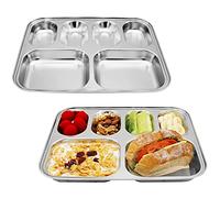 Korean Stainless Steel Divided Plates for Kids, Adults, Students, Premium 304, Electro-Polished, No Black Residue, BPA-Free, 6-Compartment Food Tray, Picky Eaters, Diet Portion Control, Set of 2