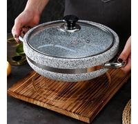 Korean Stone Bowl Induction Base 11in With Glass Lid & Wood Base, Thick Granite Stone Cookware For Bibimbap, Hot Pot, Soup, Includes Tray One Color 11.8in