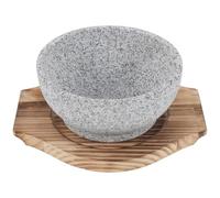 Korean Stone Rice Bowl with Wooden Tray, Heat Resistant Bibimbap Dish | Pottery Clay and Wood, One Piece Moulding, Smooth Finish, for Table Serving and Restaurant Kitchens