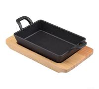 Korean Style BBQ Grill Pan with Oak Serving Board(A) | Iron material, heat retentive, even cooking, square shape, black finish