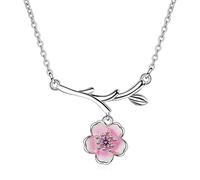 Korean Style Cherry Blossom Flower Pendant Necklace Pink Zircon Crystal Necklaces for Women