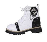 Korean Style Gothic Combat Boots, Women's Ankle Length, Black with Red Accent, Platform Lug Sole, Punk Rock Design, Lace-up with Skull Chain Details