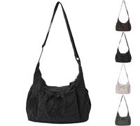 Korean Style Plaid Casual Shoulder Bag, Lightweight Quilted Cotton Crossbody Bag with Adjustable Strap Trendy Checkered (Black)