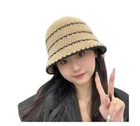 Korean StyleinsAutumn Winter Knitted Fisherman Hat Retro Striped Woven for Women Versatile Face Bucket Basin Ha(E-723Khaki Color-Blo)