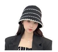 Korean StyleinsAutumn Winter Knitted Fisherman Hat Retro Striped Woven for Women Versatile Face Bucket Basin Ha(E-723Black Color-Blo)