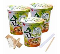 Korean Veggie Ramen Noodles Soup 3 Pack Bundle - with NongShim Veggie Ramen Cup - Tasty Vegan Friendly Pot Noodle Includes Disposable Chopsticks and Cutlery-Delicious Vegetarian Instant Pot (3 x 67g)