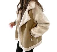 Korean Vintage Crop Jacket,Women's Fuzzy Fleece Jacket,Long Sleeve Zip Up Sherpa Coat,Notch Lapel Fuzzy Fleece Jacket Coat,Women's Warm Winter Bomber Jacket (Light Khaki,4XL)
