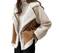 Korean Vintage Crop Jacket,Women's Fuzzy Fleece Jacket,Long Sleeve Zip Up Sherpa Coat,Notch Lapel Fuzzy Fleece Jacket Coat,Women's Warm Winter Bomber Jacket (Dark Khaki,S)