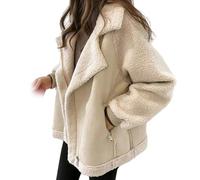 Korean Vintage Crop Jacket,Women's Fuzzy Fleece Jacket,Long Sleeve Zip Up Sherpa Coat,Notch Lapel Fuzzy Fleece Jacket Coat,Women's Warm Winter Bomber Jacket (Beige,2XL)