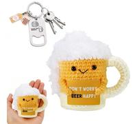 Korechain Handmade Crochet Beer Mug Plush Toy with Funny Motivational Keyring, Humorous Beer Gadget and Comfort Gift for Men, Ideal Present for Beer Lovers