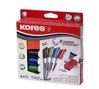 Kores - Coloured Whiteboard Marker Pens - K-Marker XW1, Round Tip with Low-Odour Ink, Dry Wipe Marker Pens, Back to School Supplies, Office Supplies - Pack of 5 - 4 Assorted Colours & Magnetic Eraser