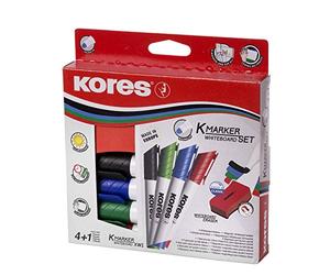 Kores - Coloured Whiteboard Marker Pens - K-Marker XW1, Round Tip with Low-Odour Ink, Dry Wipe Marker Pens, Back to School Supplies, Office Supplies - Pack of 5 - 4 Assorted Colours & Magnetic Eraser