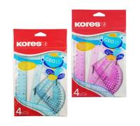 Kores - Geometry Set in Random Assorted Colours - GEO15 Protractor, Triangle and Ruler Set - Back to School Supplies, Geometry Sets, School Ruler - 4 Pcs in Polybag
