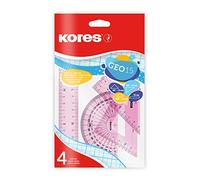 Kores - Geometry Set in Random Assorted Colours - GEO15 Protractor, Triangle and Ruler Set - Back to School Supplies, Geometry Sets, School Ruler - 4 Pcs in Polybag