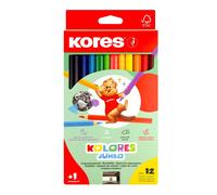 Kores - Kolores Jumbo: 12 Thick Coloured Pencils for Kids with Soft Lead, Triangular Shape, Sharpener Included, Set of 12 Assorted Colours, 12 Count (Pack of 1)