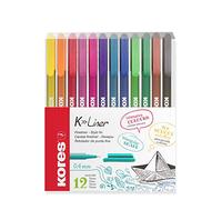 Kores - K-Liner Coloured Fineliners - 0.4mm - Colouring Pens, Fineliner Marker Pens, Art Pens, Revision Supplies, University Essentials, School Supplies - Pack of 12 in Assorted Colours