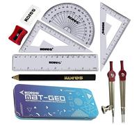 Kores MAT-GEO 9 Pcs Maths Geometry Tin Set, BLUE Tin, Maths Compass Divider Protractor Squares Sharpener Eraser Ruler Pack, Student Exam Instrument Tin Case