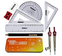 Kores MAT-GEO 9 Pcs Maths Geometry Tin Set, ORANGE Tin, Maths Compass Divider Protractor Squares Sharpener Eraser Ruler Pack, Student Exam Instrument Tin Case