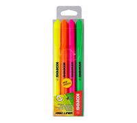 Kores - Neon Highlighter Pens - Fine High Liner, Neon, Water Based-Ink Highlighter Pen with Ergonomic Shape, Chisel Tip - Stationery School Supplies, Office Supplies - Pack of 4 in Assorted Colours