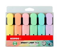 Kores - Pastel Highlighter Pen - Bright Liner Plus, Flat Shaped, Chisel Tip, Universal Water Based-Ink Highlighter Pen with Ergonomic Shape - Stationery School Supplies, Office Supplies - Pack of 6