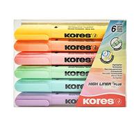 Kores - Pastel Highlighter Pens - High Liner Plus, Water Based-Ink Highlighter Pens with Ergonomic Shape - Office and Stationery Supplies, Revision Supplies - Pack of 6 in Assorted Colours