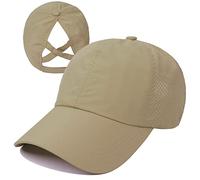 Koreshion Womens Criss Cross Ponytail Baseball Cap Adjustable High Messy Bun Ponycap Quick Drying Mesh Hats, Camel, One Size