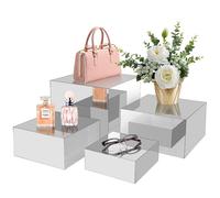 koretech 4Pcs Acrylic Risers Display Stands, Food Risers for Buffet Table, Acrylic Cube Mirror Risers for Catering Dessert, Jewelry Collectibles Party, Silver