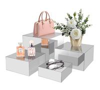 koretech 4Pcs Acrylic Risers Display Stands, Food Risers for Buffet Table, Acrylic Cube Mirror Risers for Catering Dessert, Jewelry Collectibles Party, Silver