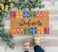 KorhLeoh Flip Flop Welcome Door Mat Synthetic Coir Outdoor Indoor Entrance - Non Slip Rubber Backing Matt for Summer Beach Hut Entry Decor 75 * 45 * 1cm