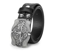 KorhLeoh Western Leather Cowboy Buckle Belt for Men Women Jeans Engraved Floral Longhorn Bull Texas Buckle Belt