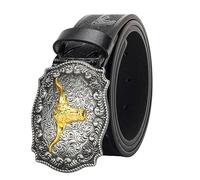 KorhLeoh Western Leather Cowboy Buckle Belt for Men Women Jeans Engraved Floral Longhorn Bull Texas Buckle Belt (33-41" waist)