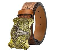 KorhLeoh Western Leather Cowboy Buckle Belt for Men Women Jeans Engraved Floral Longhorn Bull Texas Buckle Belt (33-41" waist)