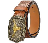 KorhLeoh Western Leather Cowboy Buckle Belt for Men Women Jeans Engraved Floral Longhorn Bull Texas Buckle Belt (33-41" waist)