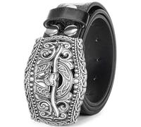 KorhLeoh Western Leather Cowboy Buckle Belt for Men Women Jeans Engraved Floral Longhorn Bull Texas Buckle Belt