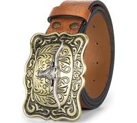 KorhLeoh Western Leather Cowboy Buckle Belt for Men Women Jeans Engraved Floral Longhorn Bull Texas Buckle Belt