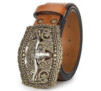 KorhLeoh Western Leather Cowboy Buckle Belt for Men Women Jeans Engraved Floral Longhorn Bull Texas Buckle Belt