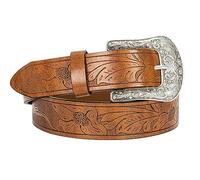 KorhLeoh Western Leather Cowboy Buckle Belt for Men Women Jeans Engraved Floral Longhorn Bull Texas Buckle Belt (33-41" waist)