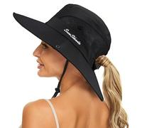 KorhLeoh Women's Outdoor UV-Protection-Foldable Sun-Hats Mesh Wide-Brim Beach Fishing Hat with Ponytail-Hole Black