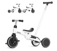 KORIMEFA Tricycle for 1-3 Years Old, 5 in 1 Balance Bike with Push Handle, Adjustable Seat, Removable Pedals, Toddler Trike for Boy & Girl, White