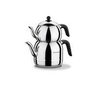 Korkmaz A194 Retro 18/10 Ci/Ni Stainless Steel Teapot Set, Black Handles, Top Pot 1.1 Lt, Bottom Kettle 2.5 Lt