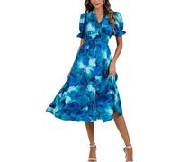 Kormei Women's Casual V Neck Boho Floral Short Sleeve Button Down Split A line Summer Beach Party Long Dress with Pockets, Dye Blue Floral, S