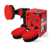 Kornely Premium Drill Brush, Stiff 3pcs Set, Red, Outdoor and Garden | 10x efficient, scratch-free, double-density bristles; patio, decking, wheels, terrace furniture; 8 mm hex shaft