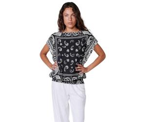 Koroshi Women's Puff Satin Blouse with Paisley Print and Boat Neck in Black, Black, Black/White, One Size