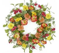 KORSMV Artificial Spring Summer Wreath for Front Door with Poppy Flower,Daisy,Eucalyptus Leaves for Indoor Outdoor Farmhouse Porch Wall Holiday Window Decoration