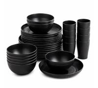 Kortemora 32 Piece Dinner Set for 8, Black Tableware Set with Plates Bowls and Cups, Lightweight BPA Free Plastic Dish Set, Reusable Dishwasher Safe Dinnerware for Home Kitchen Camping