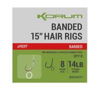 Korum 15" Banded Hair Rigs Barbed Qty 8 (Size 14 8lb)