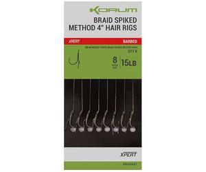Korum Braid Spiked Method 4" Hair Rigs x8 | Barbed Size 10 15lb | K0310432 | Xpert Power Hook | Smokescreen Power Braid | Barbed Bait Spike for Use with Small Boilie Hookbaits