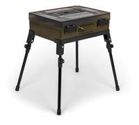 Korum Mega Blox Station Fully Loaded | Freestanding Tackle Box with Telescopic Legs | Includes Tools and Storage with Dividers | W36cm xD26cm xH11.5cm | Leg Height 33cm to 55cm | Code K0290132