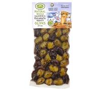 KORVEL Greek Mixed Olives with Oregano - Halkidiki & Kalamata, Whole Olives with Pits, Vacuum Pack 250g